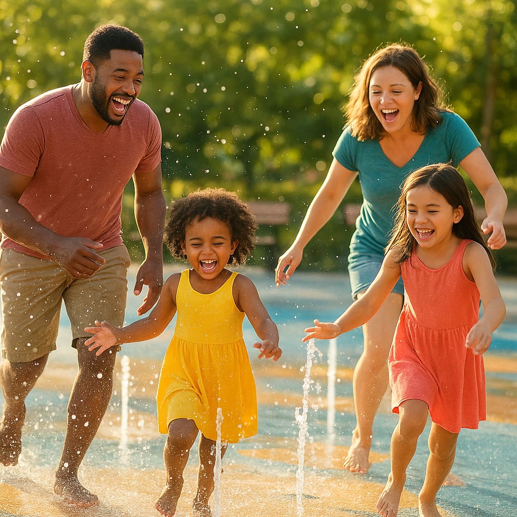 Keluarga menikmati area percikan air dangkal
