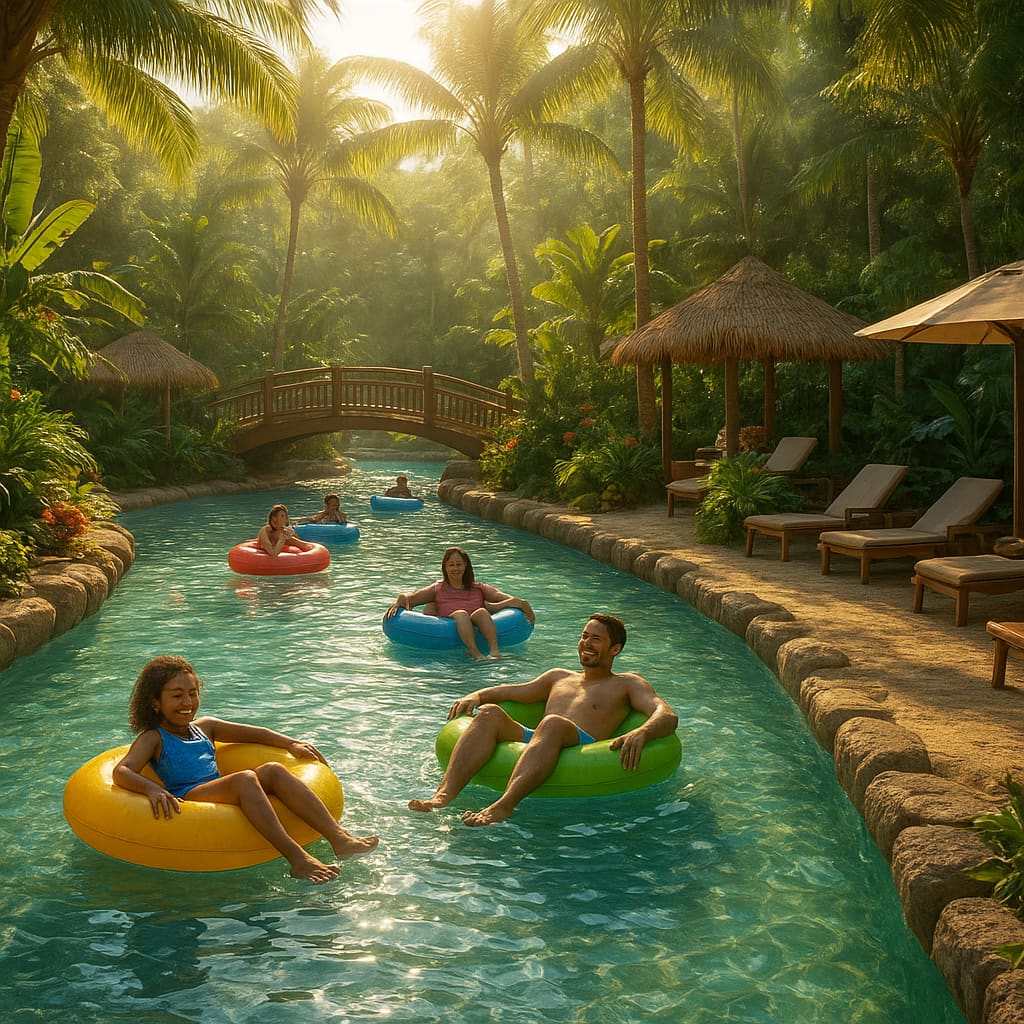 Area sungai malas di waterpark Bali dengan tanaman tropis