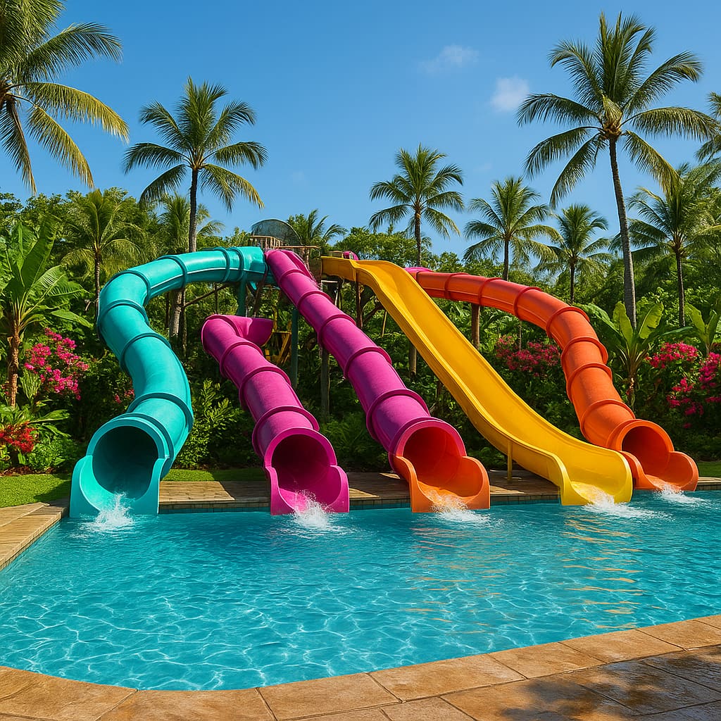 Lengkungan seluncuran warna-warni di waterpark Bali